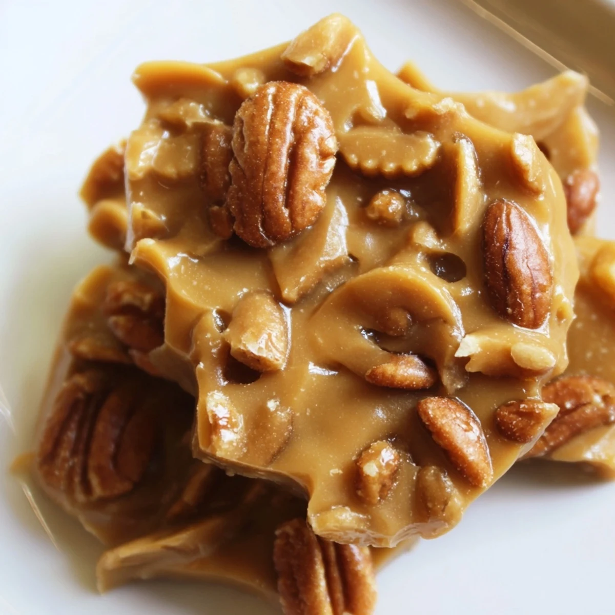 Freshly set Mardi Gras Pecan Pralines display toasted pecan halves embedded in smooth, melt-in-your-mouth candy.