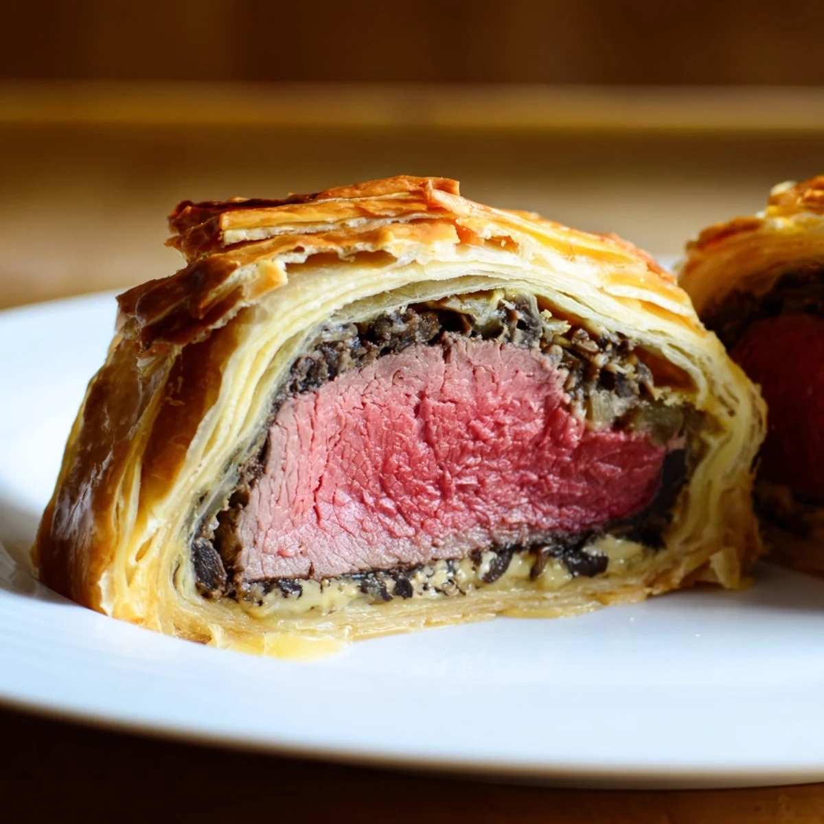 Flaky golden puff pastry encasing tender beef fillet, mushroom duxelles, and prosciutto, plated for an elegant dinner for two.