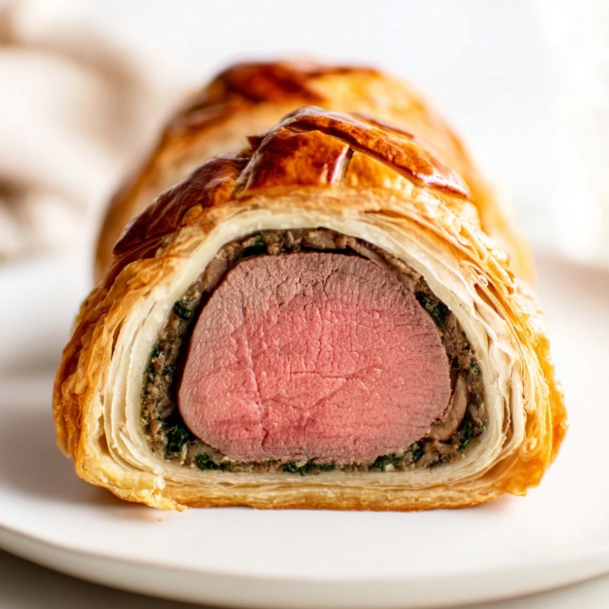 Sliced Elegant Beef Wellington for Two showcasing mushroom duxelles and beef fillet, served with red wine jus and green beans.