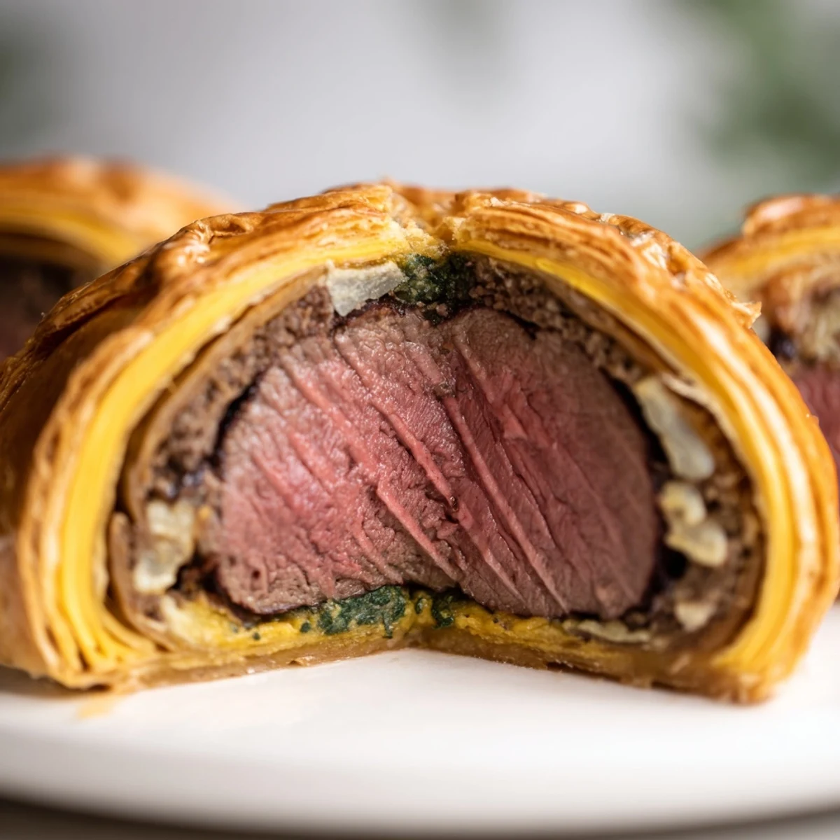 Elegant Beef Wellington for Two, freshly baked and rested, revealing juicy medium-rare beef inside buttery, crisp pastry layers.