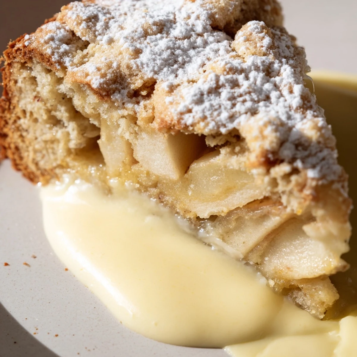 Freshly baked Irish Apple Cake with Custard Sauce in a rustic pan, creamy vanilla custard drizzled over each slice.