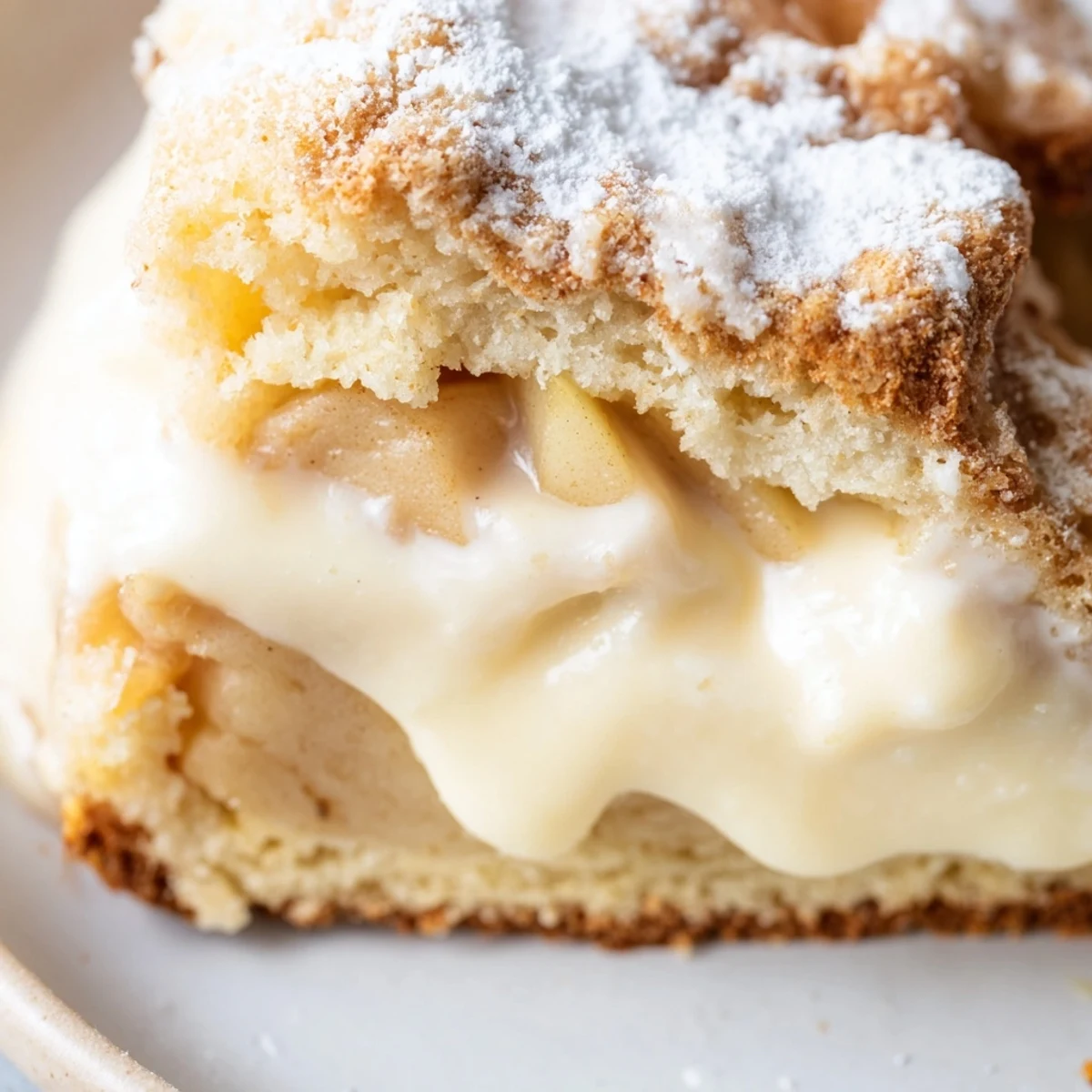 A close-up of warm Irish Apple Cake with Custard Sauce, showing tender cinnamon-spiced apple slices in golden cake.