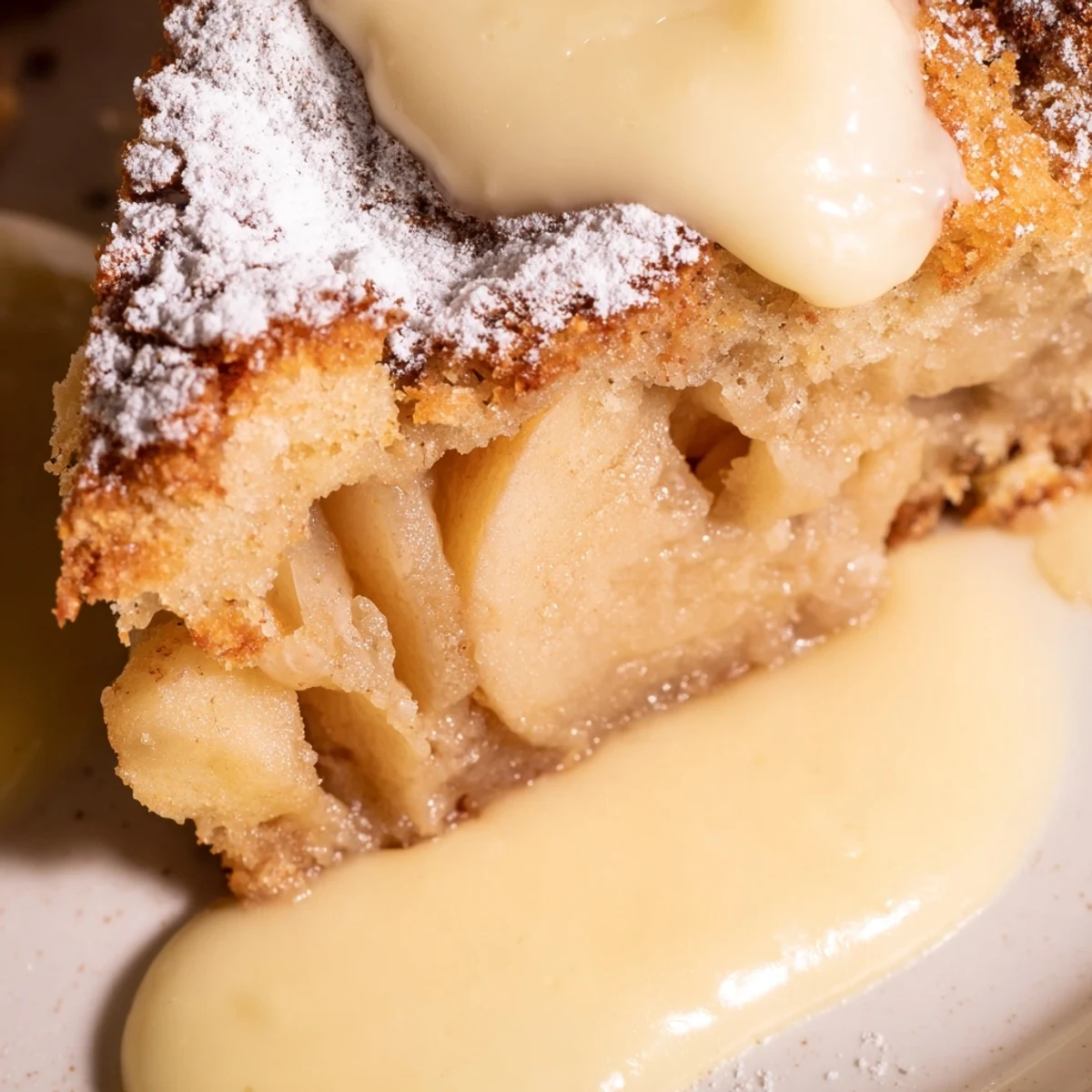 Golden Irish Apple Cake with Custard Sauce served with a dusting of powdered sugar and a pot of tea.