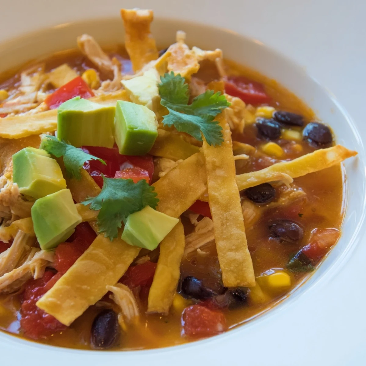 Hearty Chicken Tortilla Soup with Crispy Strips, topped with golden baked tortilla strips, fresh cilantro, and creamy avocado slices.