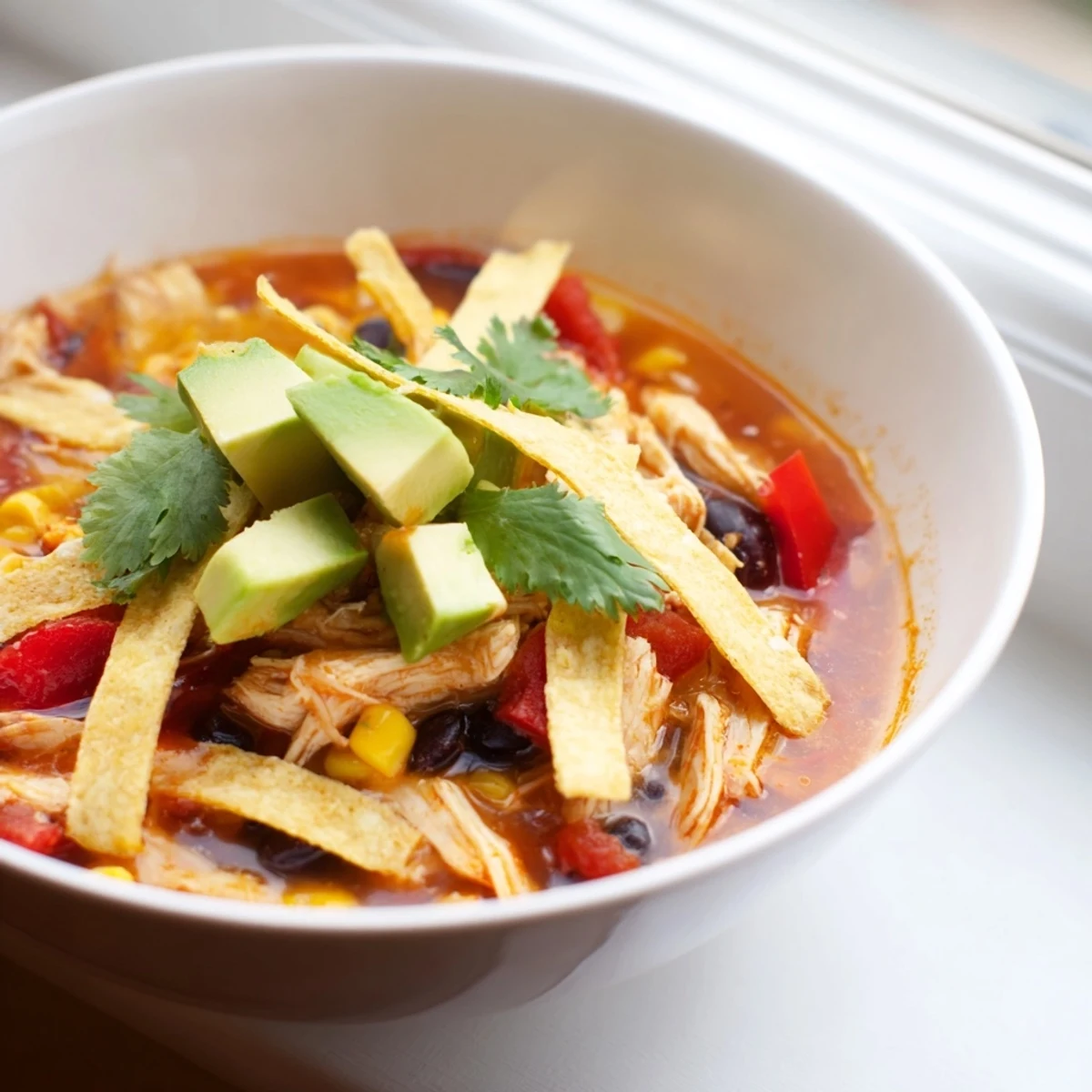 A close-up of Chicken Tortilla Soup with Crispy Strips, featuring shredded chicken, black beans, corn, and a rich, spicy tomato broth.