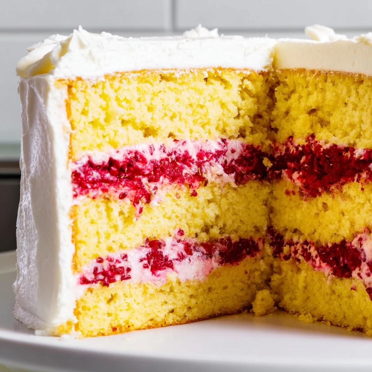 Freshly baked Lemon Raspberry Layer Cake with fluffy lemon sponge, vibrant raspberry filling, and silky lemon buttercream.