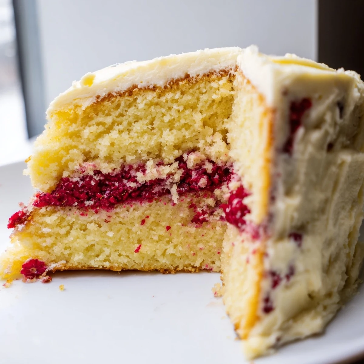 Moist slice of Lemon Raspberry Layer Cake, topped with fresh raspberries and a hint of lemon zest.