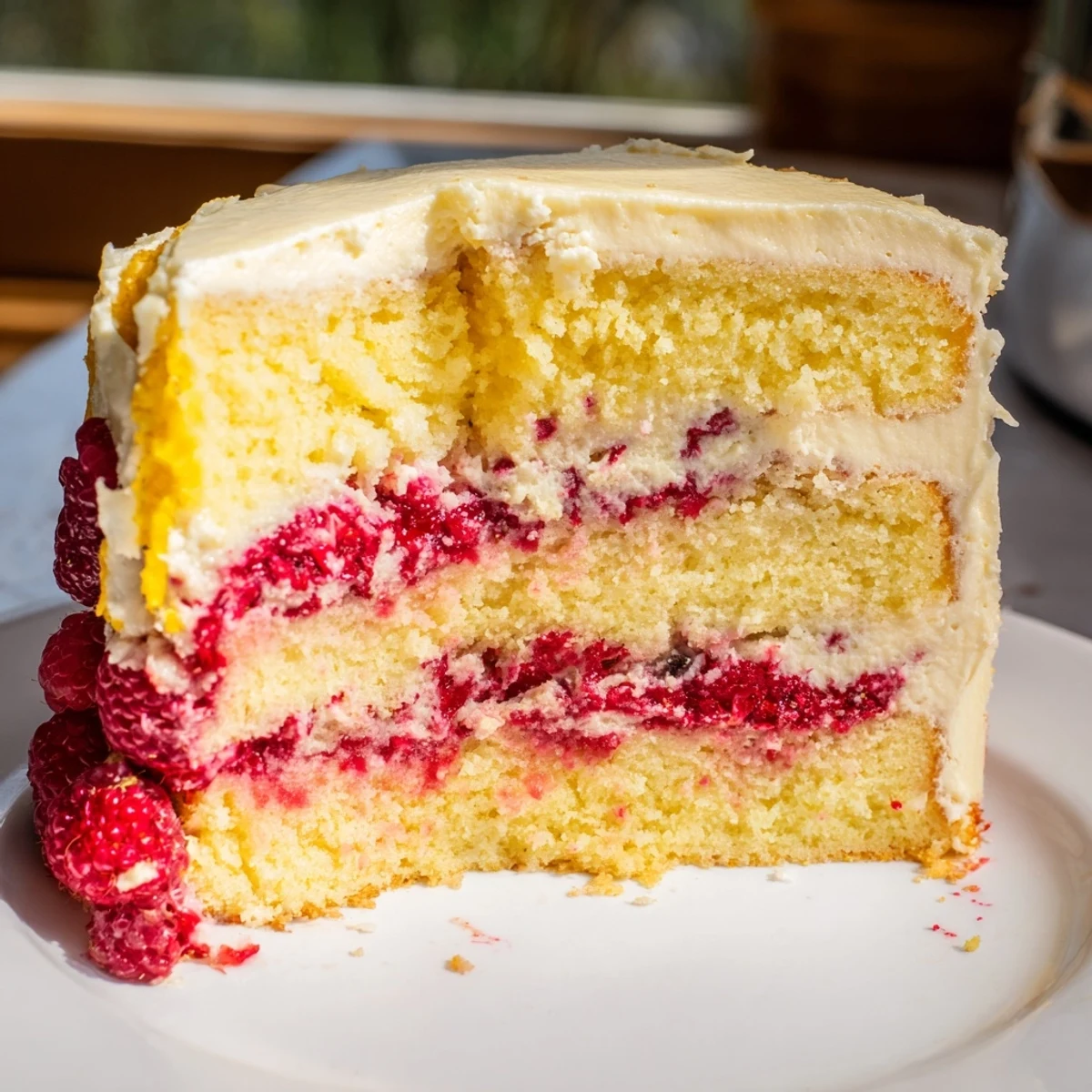 Decadent Lemon Raspberry Layer Cake, featuring layered sponge, tangy raspberry jam, and rich buttercream on a dessert plate.
