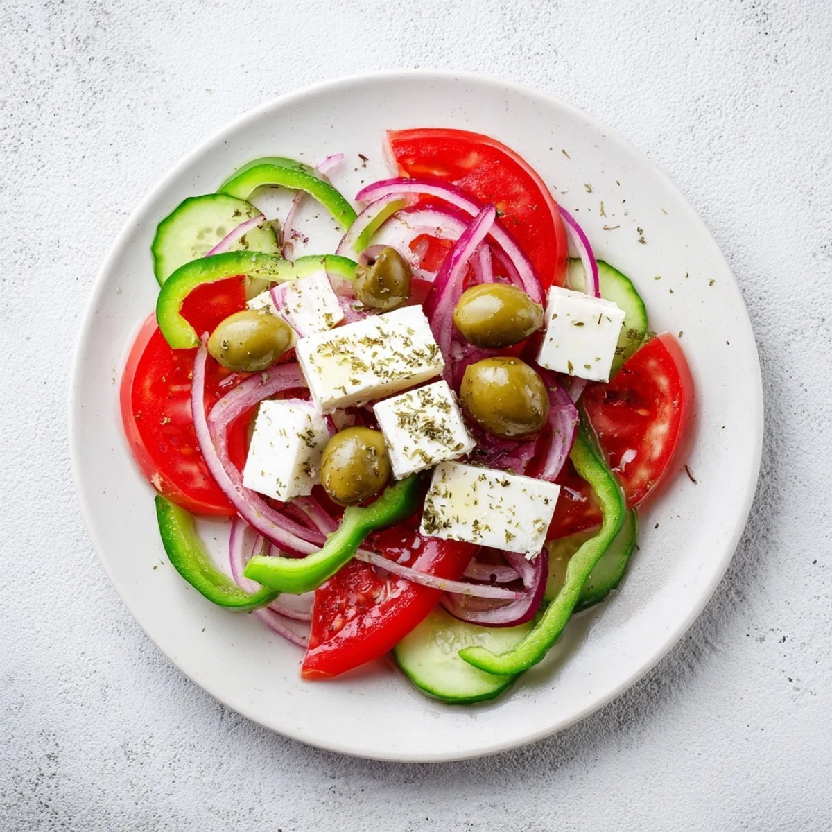 A vibrant Greek salad with Kalamata olives, featuring juicy tomato wedges, crisp cucumber, and creamy feta cheese.