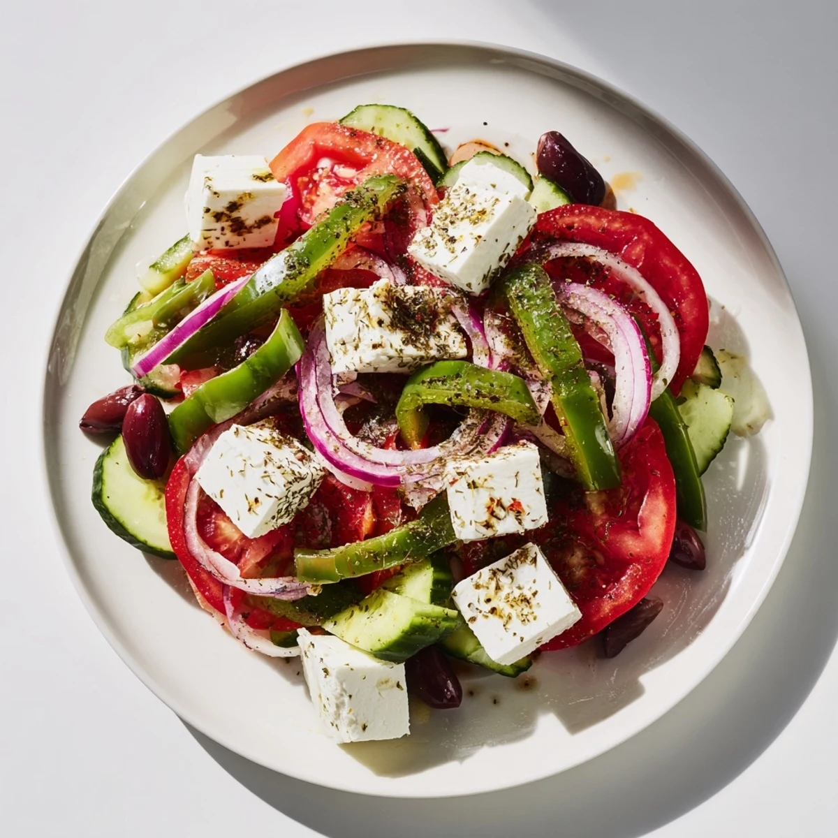 Close-up of Greek salad with Kalamata olives and feta, tossed in a zesty oregano dressing on a rustic plate.