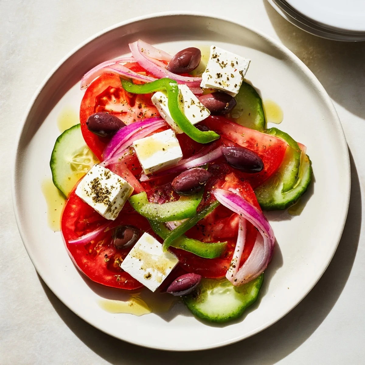 A fresh Mediterranean Greek salad bowl with briny olives, crisp vegetables, and a drizzle of extra-virgin olive oil.