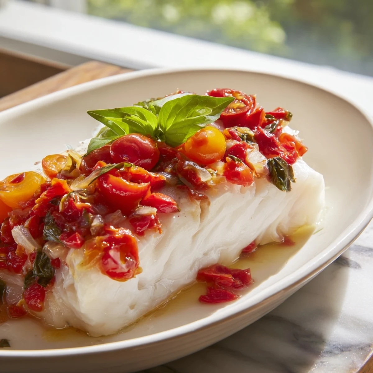 A close-up of succulent Baked Halibut with Tomato Basil Relish, featuring juicy cherry tomatoes and fragrant basil over golden fish.  