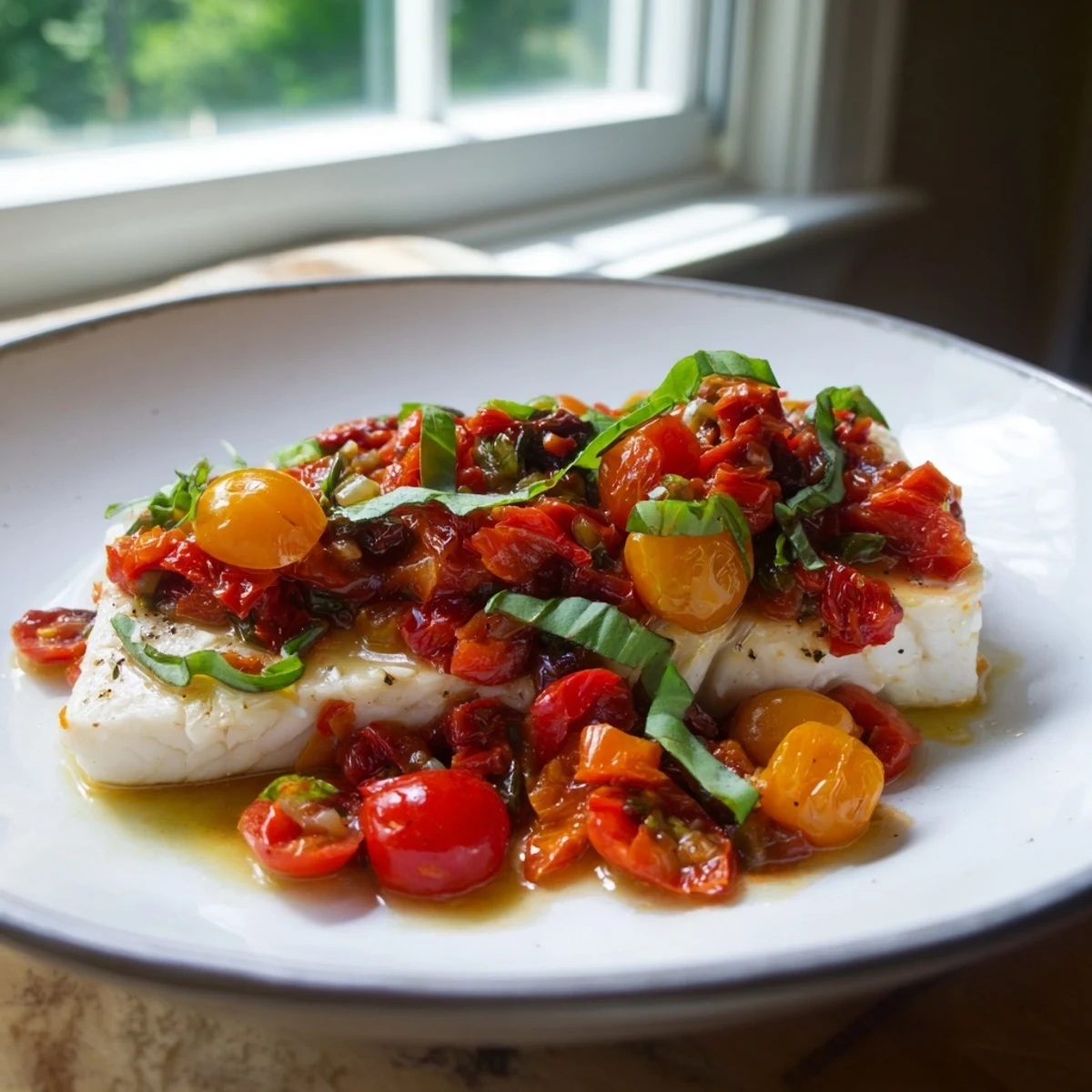 Freshly baked halibut fillets topped with a vibrant tomato basil relish, served on a plate with lemon wedges for a healthy Mediterranean dinner.  