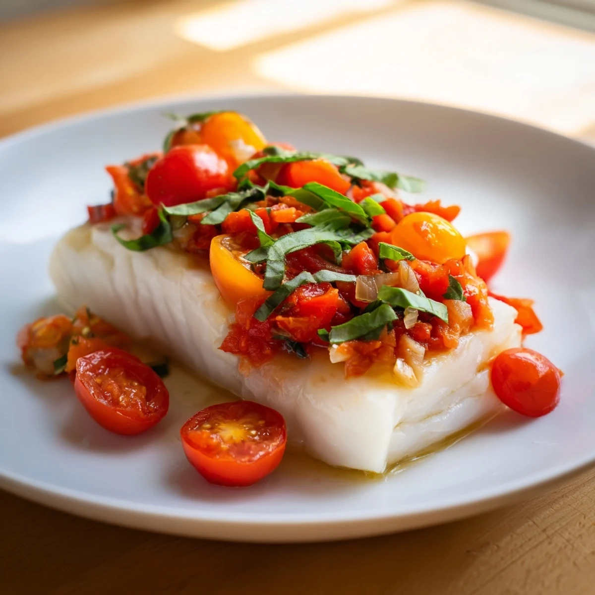 Perfectly cooked Baked Halibut with Tomato Basil Relish garnished with fresh basil, ideal for a light and flavorful gluten-free meal.
