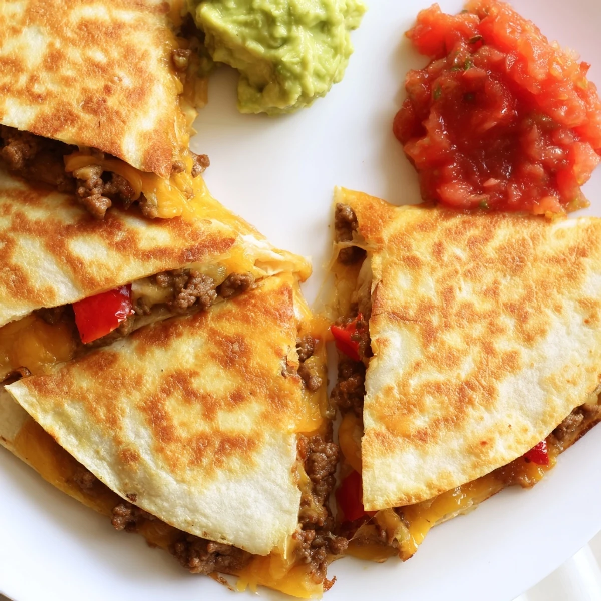 A close-up of golden, crispy Beef Quesadillas with melted cheese, served alongside vibrant red salsa and creamy guacamole.
