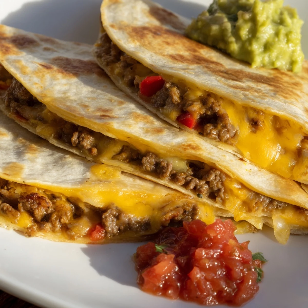 A top-down view of sizzling Beef Quesadillas on a plate with a side of chunky salsa and smooth guacamole.