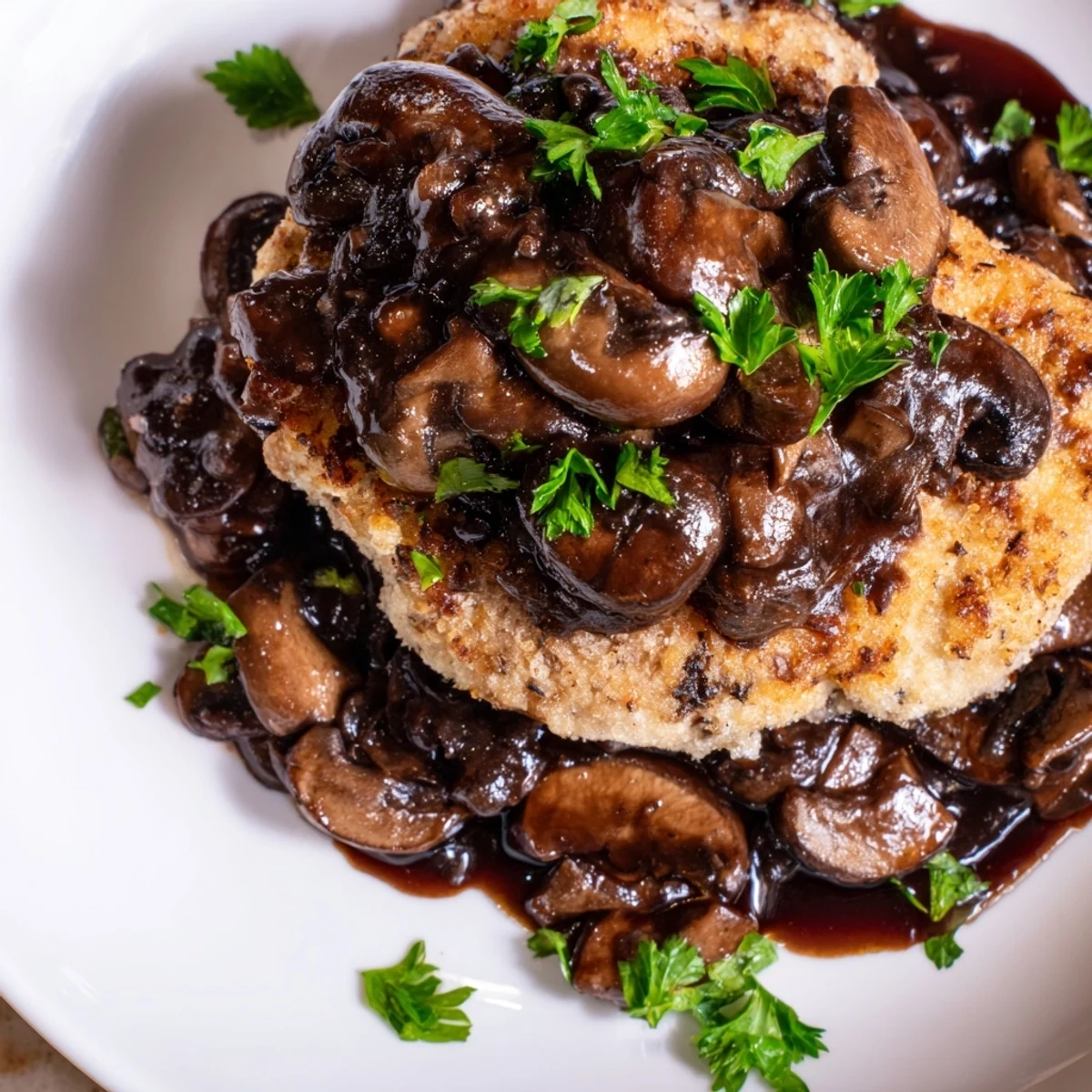 Tender chicken breasts in a golden, crispy coating, smothered in a savory mushroom sauce, ready to serve over creamy mashed potatoes.