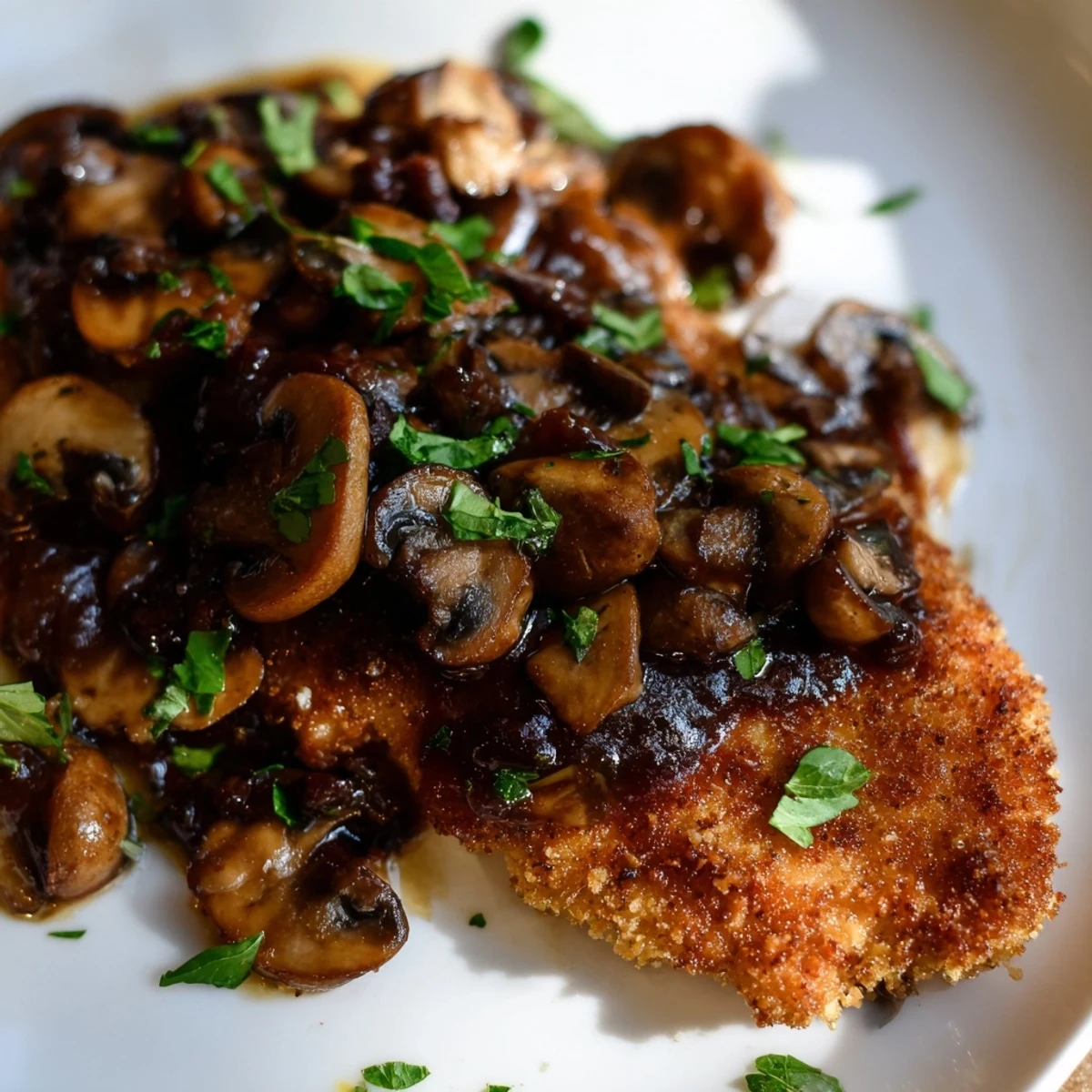 A close-up of Chicken Marsala with Mushrooms, showing juicy sliced chicken in a rich, glossy brown sauce, garnished with fresh parsley.
