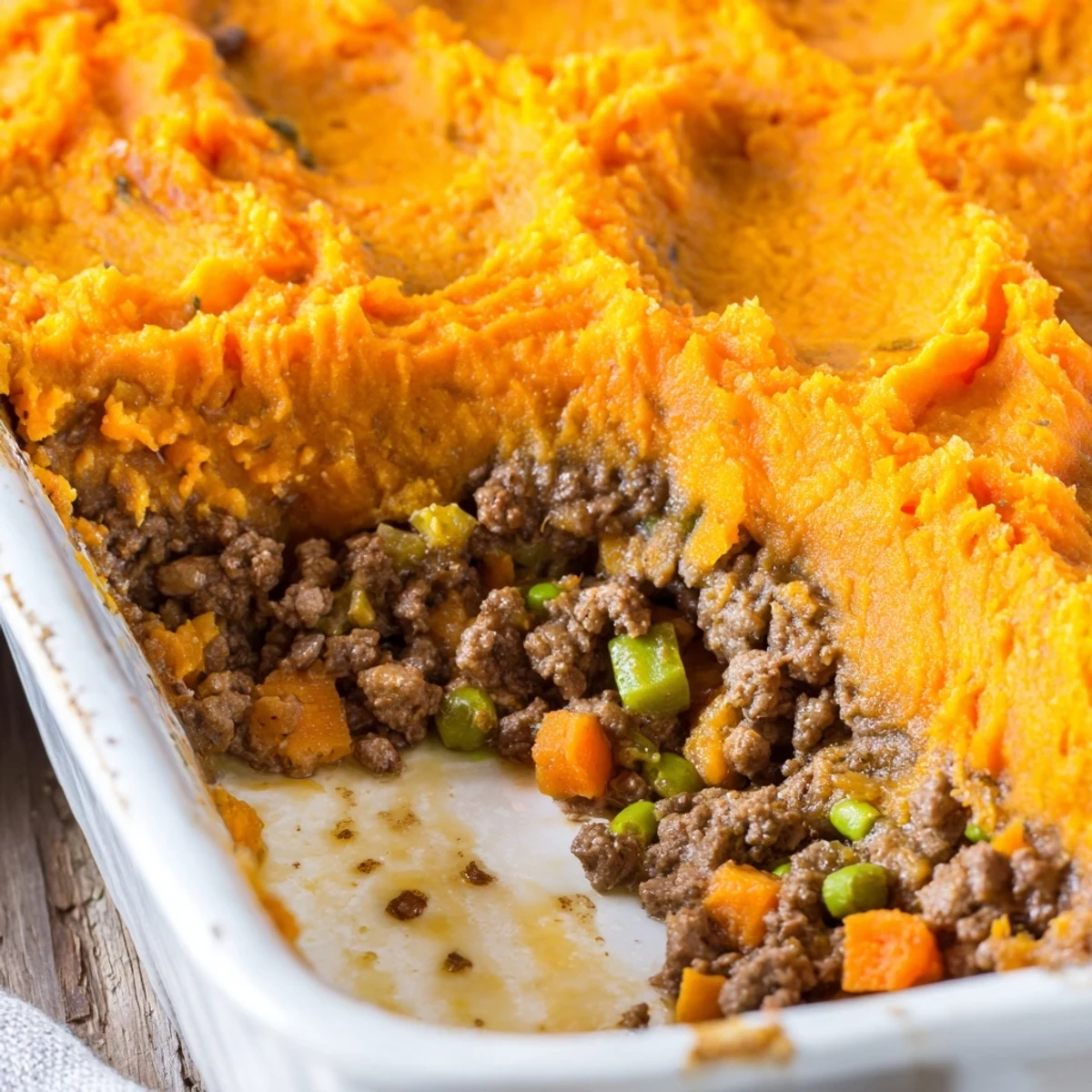 Golden brown Beef Shepherds Pie with Sweet Potato Mash bubbling in a ceramic dish.