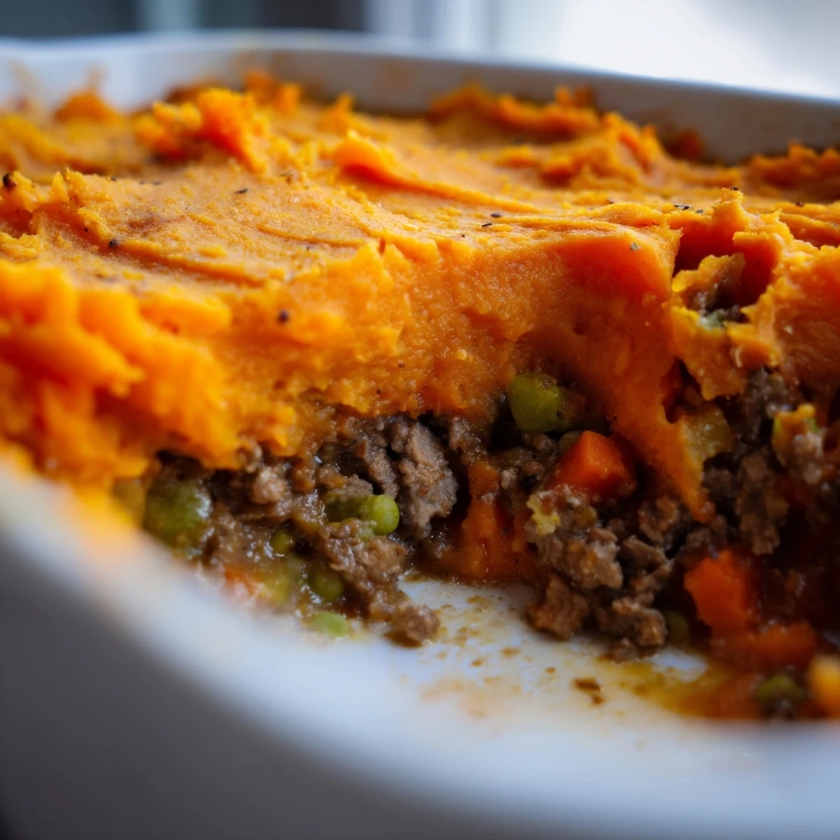 Ground beef filling and creamy sweet potato mash in a rustic baking dish.