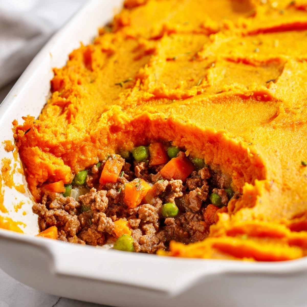 A spoon serving a portion of Beef Shepherds Pie with Sweet Potato Mash.