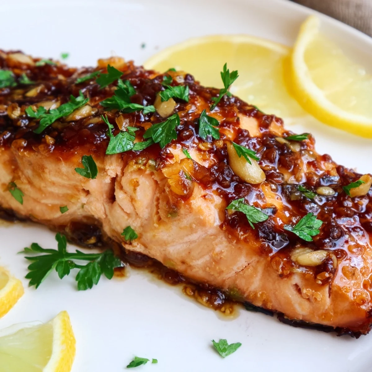 Glossy honey garlic glazed salmon fillets baked until tender, served on a white plate with fresh lemon wedges and parsley.  
