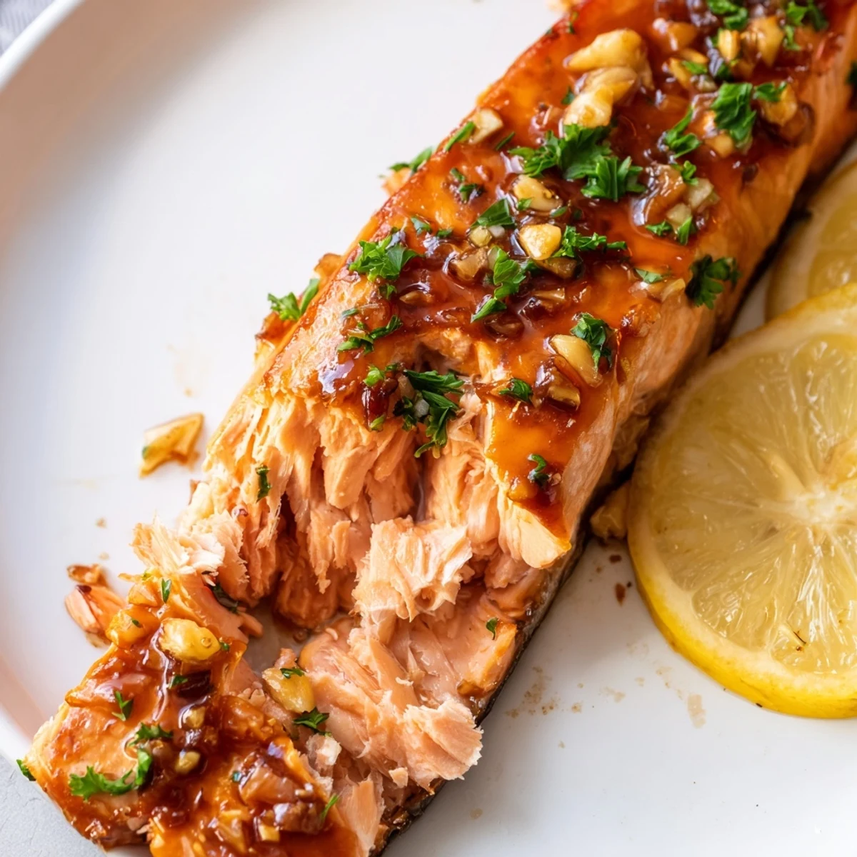 Golden brown Baked Salmon with Honey Garlic Glaze fresh from the oven, garnished with chopped herbs on a baking sheet.  