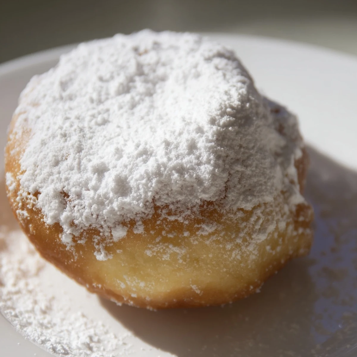 Golden-brown Mardi Gras beignets, fresh from the fryer, are liberally dusted with powdered sugar on a rustic plate.