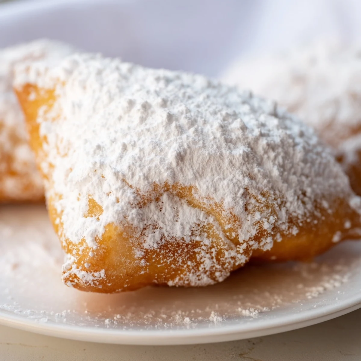 Warm, pillowy Mardi Gras beignets piled high, ready to enjoy with a steaming cup of café au lait.