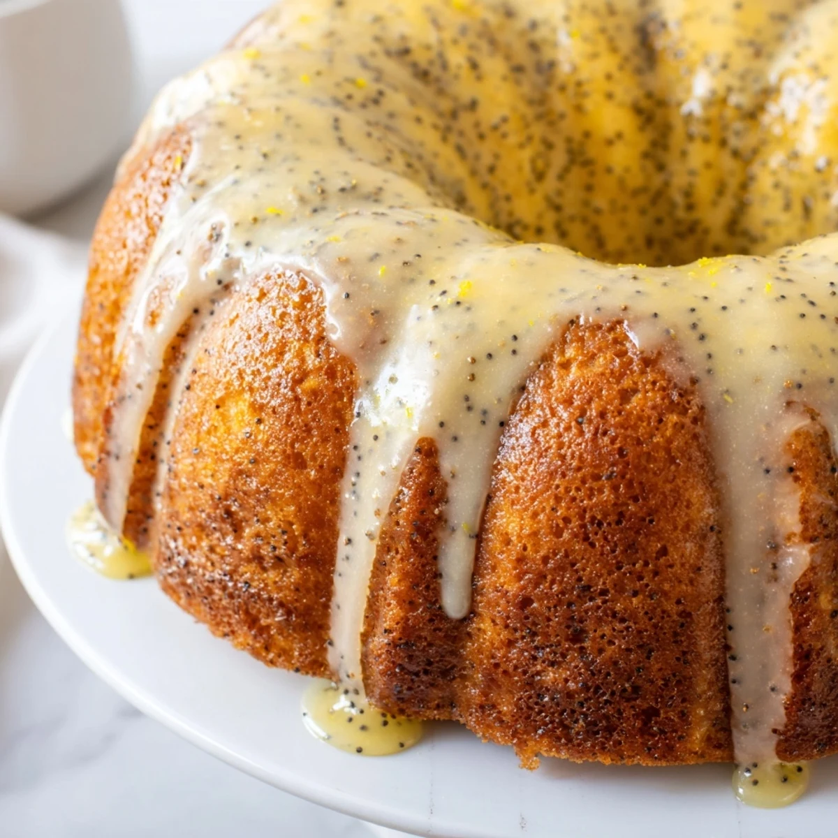 A freshly baked Lemon Poppy Seed Bundt Cake with a glossy lemon glaze drizzled over the classic fluted shape, ready to serve.