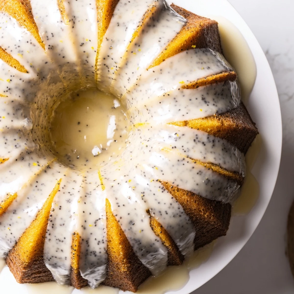A slice of moist Lemon Poppy Seed Bundt Cake shows tender crumb studded with poppy seeds, topped with sweet lemon glaze.