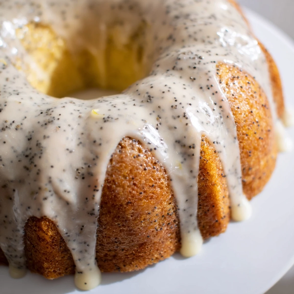 Whole Lemon Poppy Seed Bundt Cake with glaze on a marble counter, garnished with fresh lemon zest and a tea serving suggestion.