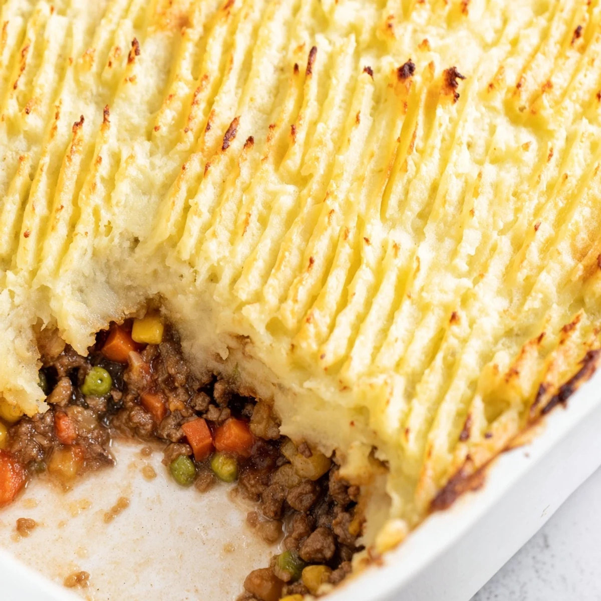 Freshly baked Beef Shepherds Pie with Peas steaming in a dish, showing creamy potatoes and sweet peas in the hearty mixture.  