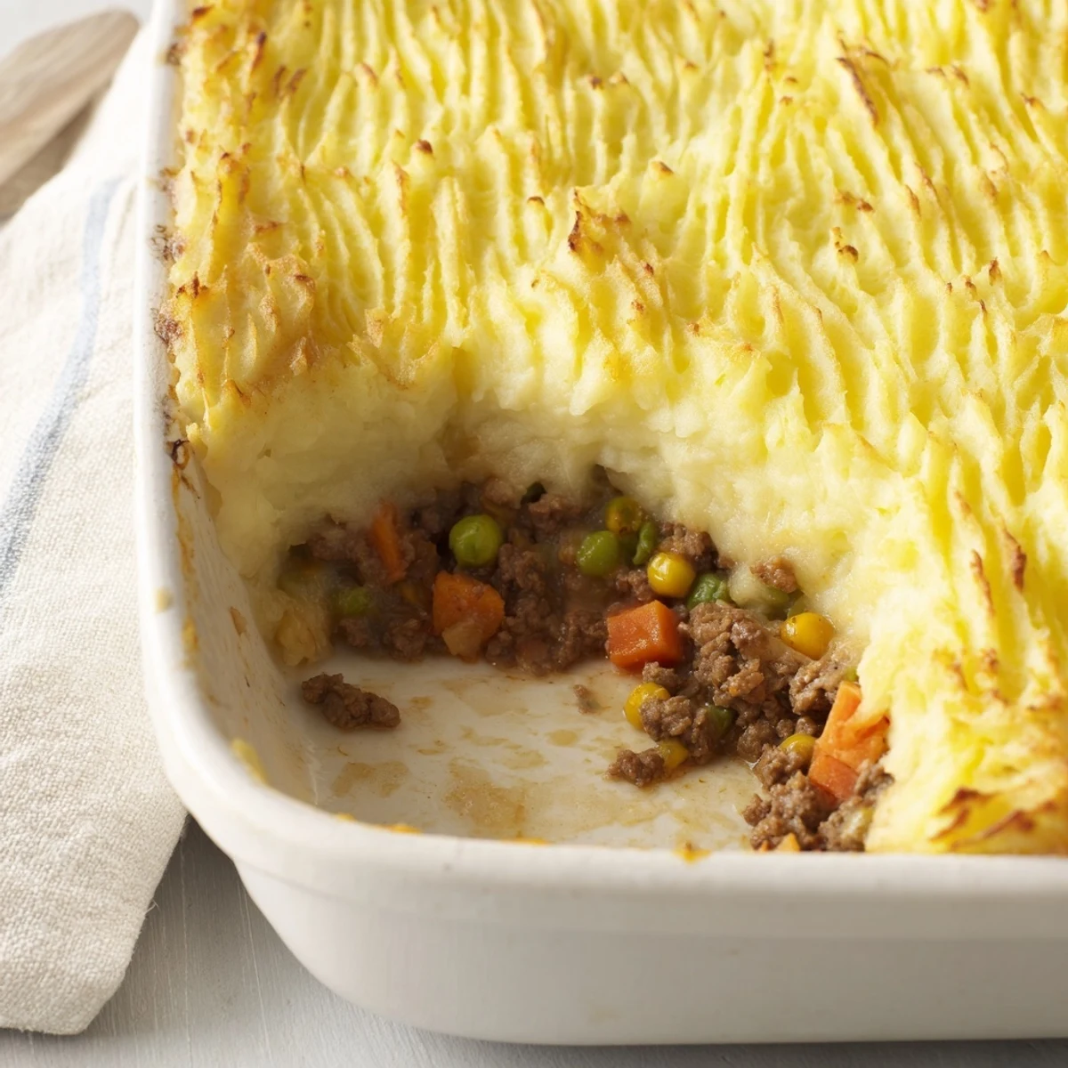 Comforting slice of Beef Shepherds Pie with Peas served on a plate, revealing layers of seasoned beef and vegetable filling.