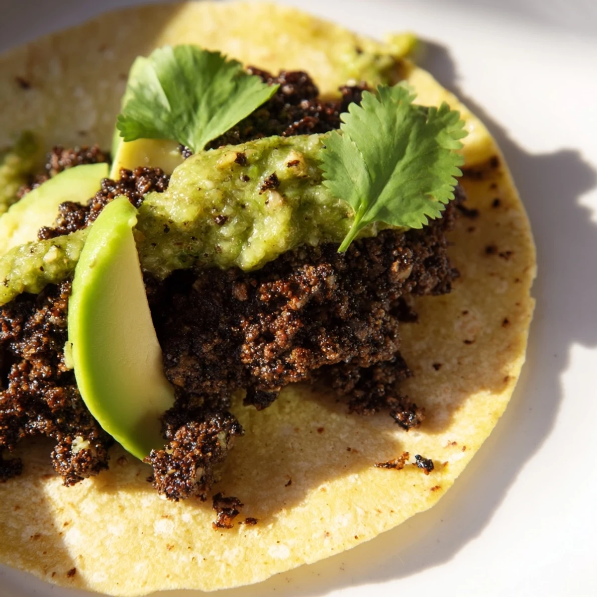 Golden-brown spicy beef tacos with vibrant green salsa verde, topped with fresh avocado slices and red onion on warm corn tortillas.