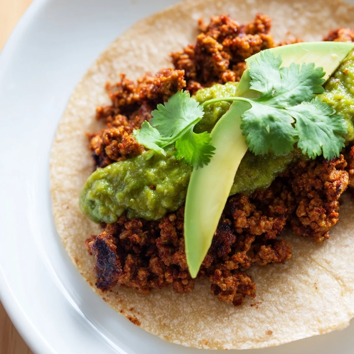 Hearty spicy beef tacos garnished with cilantro and lime wedges, served on a rustic plate ready for taco night.