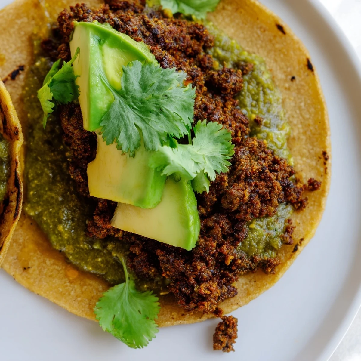 Zesty spicy beef tacos with chunky salsa verde, creamy avocado, and sliced red onion on soft flour tortillas.