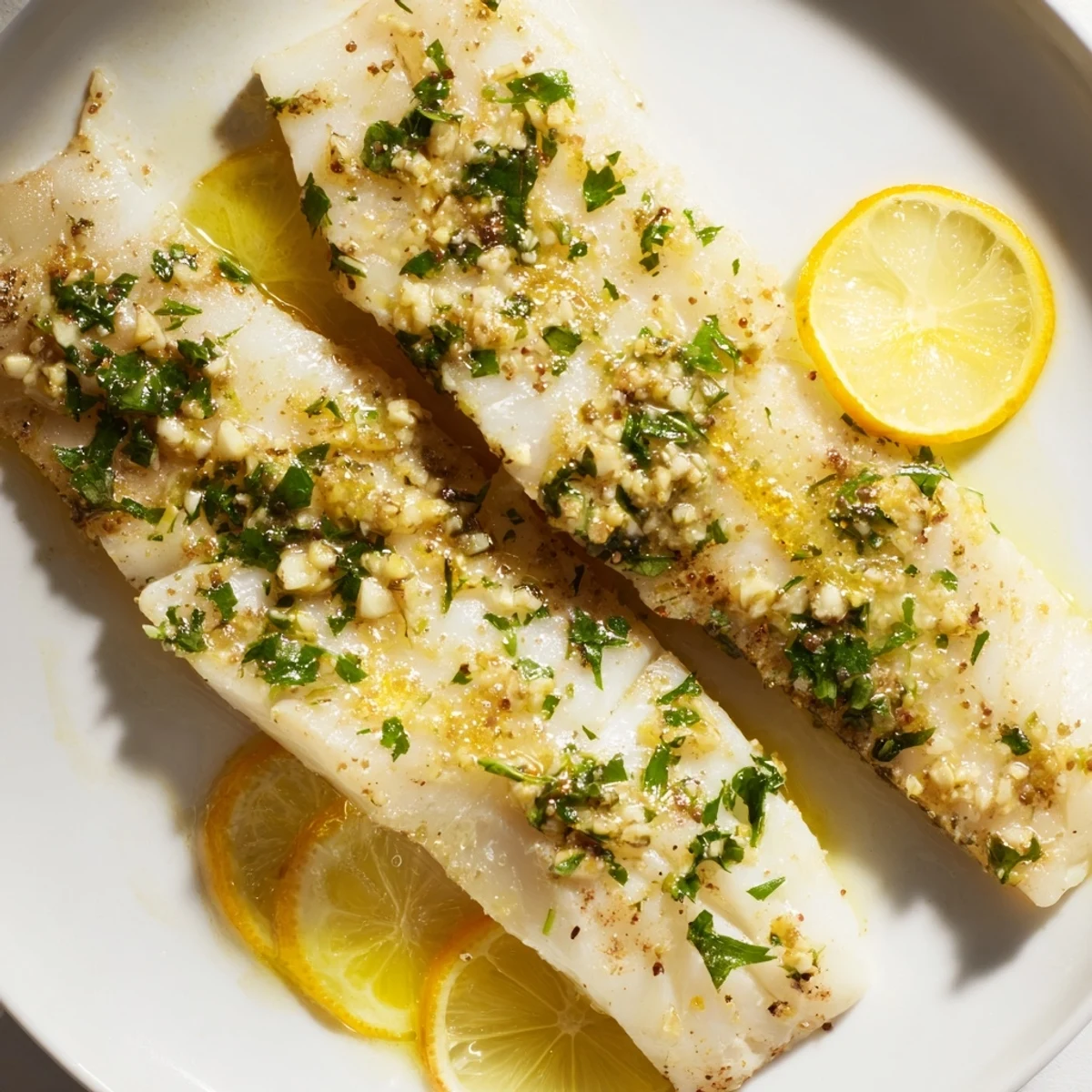 Flaky baked cod with lemon and herbs, served fresh from the oven on a white platter with bright citrus slices.