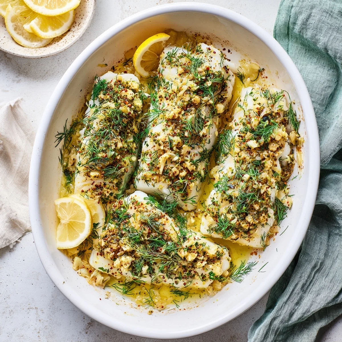 Tender, flaky baked cod fillets glistening with garlic butter and fresh herbs on a white ceramic platter with lemon wedges.