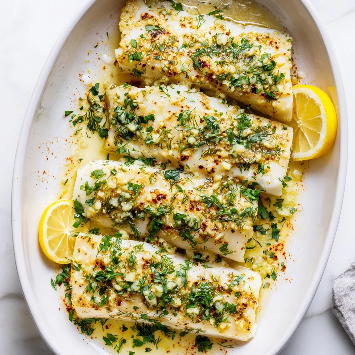 Golden-brown baked cod with garlic butter and herbs served alongside steamed vegetables and new potatoes for a complete meal.