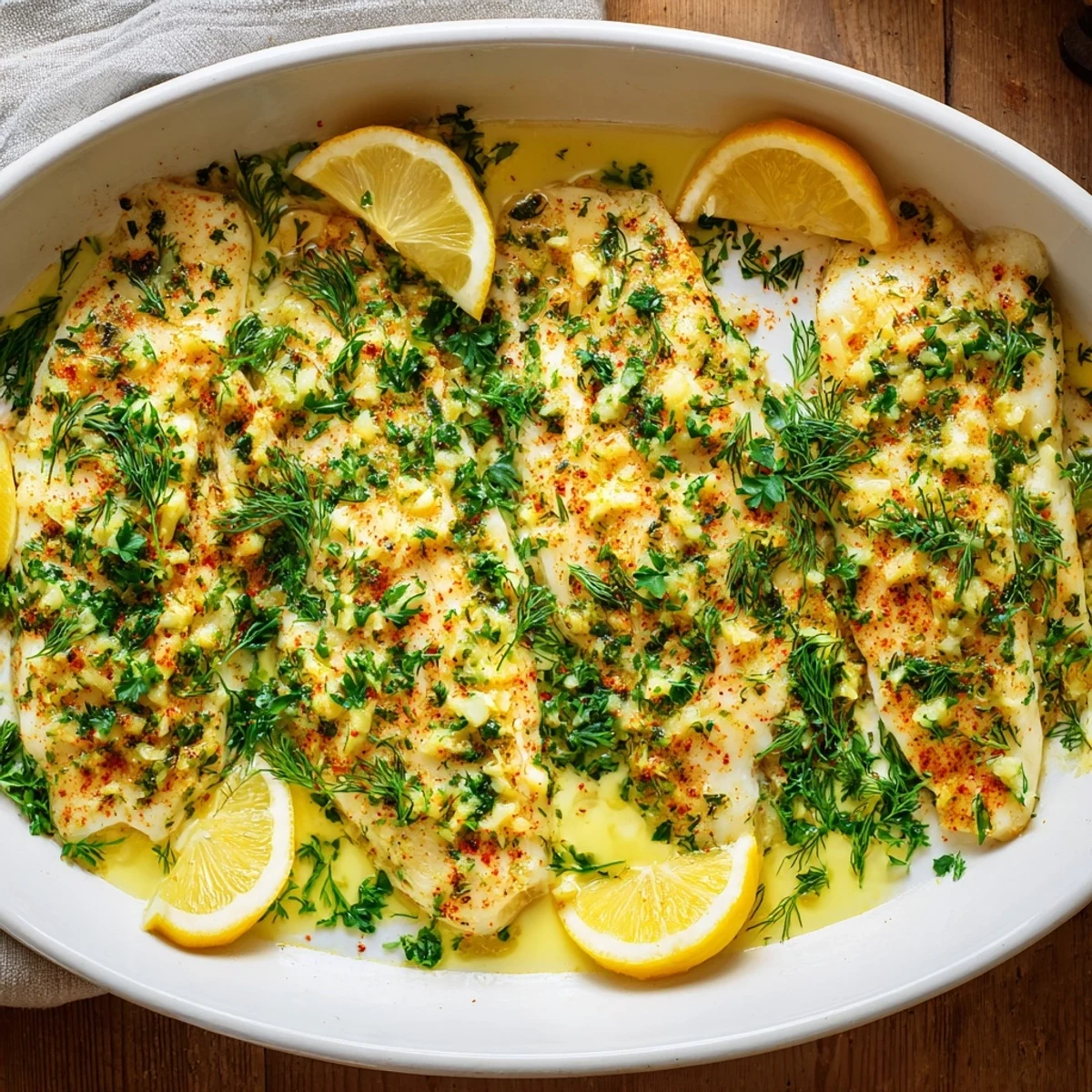 Freshly baked cod with aromatic garlic butter and chopped herbs garnished with lemon slices on a rustic wooden table.