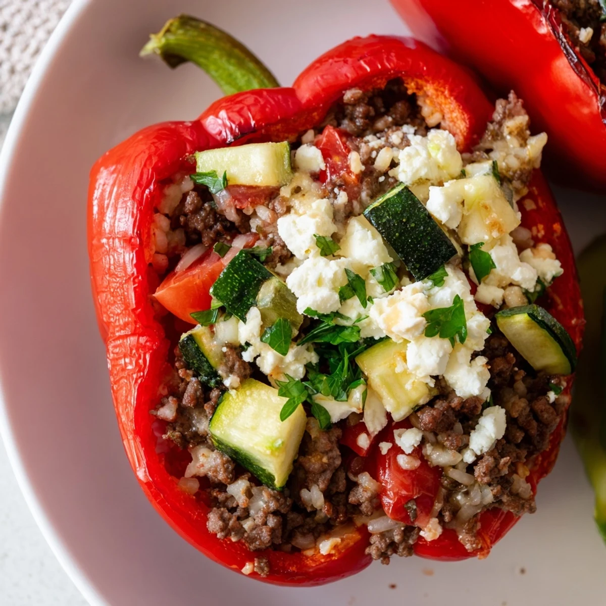 Oven-baked Mediterranean Stuffed Bell Peppers with Beef, filled with seasoned ground beef, rice, and vegetables, topped with feta cheese and fresh herbs.