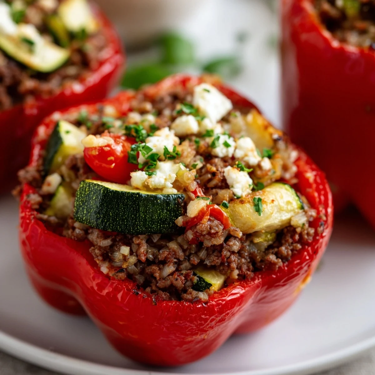 Colorful roasted bell peppers filled with Mediterranean Stuffed Bell Peppers with Beef, served warm as a savory main dish on a rustic plate.