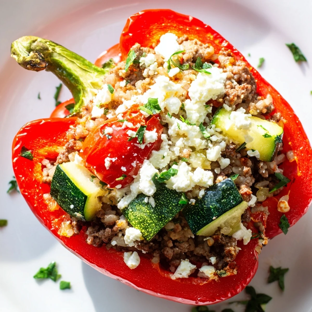Golden Mediterranean Stuffed Bell Peppers with Beef, featuring juicy ground beef, rice, and tomato sauce, baked until tender and garnished with fresh parsley.