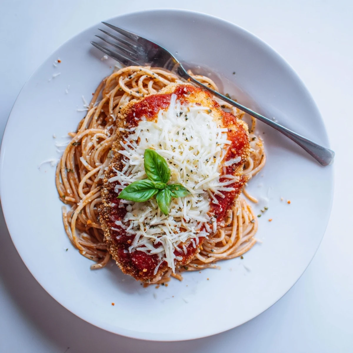 Crispy breaded chicken Parmesan with melted mozzarella and Parmesan cheese served over spaghetti marinara, garnished with fresh basil leaves.