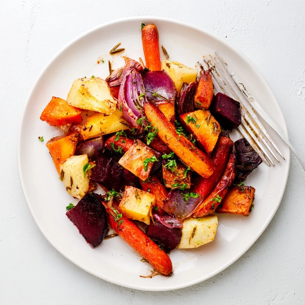 Vibrant beet and red onion wedges glisten in olive oil, garnished with fresh thyme and rosemary in a home-style roasted root vegetable medley with herbs.  