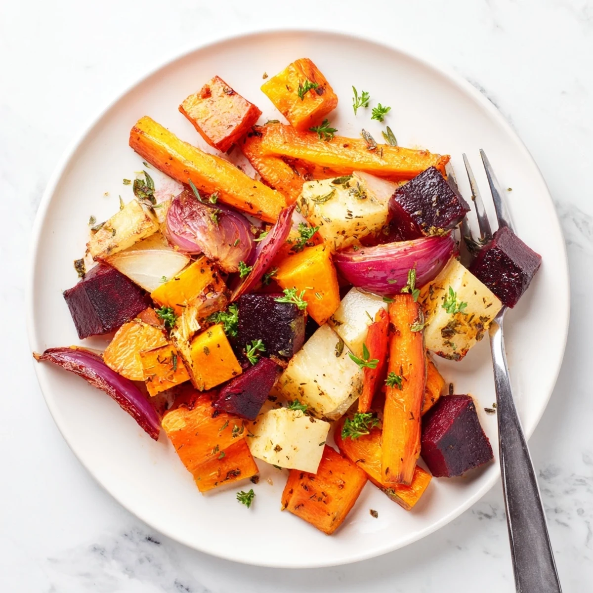 A wholesome, oven-roasted root vegetable medley with herbs steams in a white dish, ready to accompany a weeknight dinner or holiday feast.