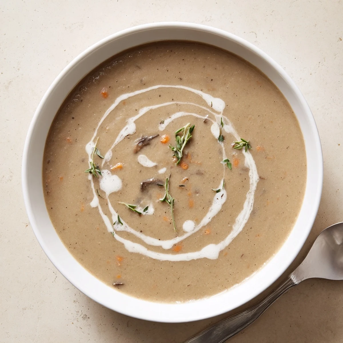 A close-up of creamy mushroom soup with thyme garnish in a white bowl, steam rising invitingly.