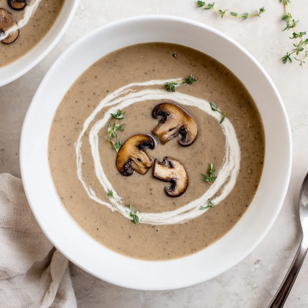 The creamy mushroom soup with thyme is served in a rustic ceramic bowl beside crusty artisan bread.
