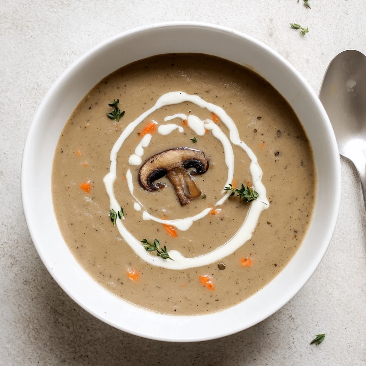 A ladle pours creamy mushroom soup with thyme into a shallow bowl, highlighting the velvety texture.